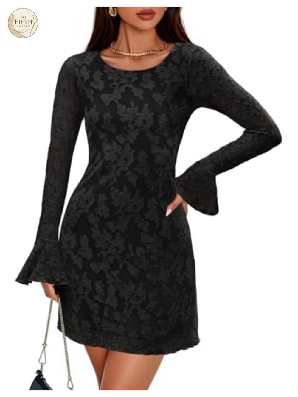 Womens Long Sleeve Floral Mesh Bodycon Mini Dress Crew Neck Backless